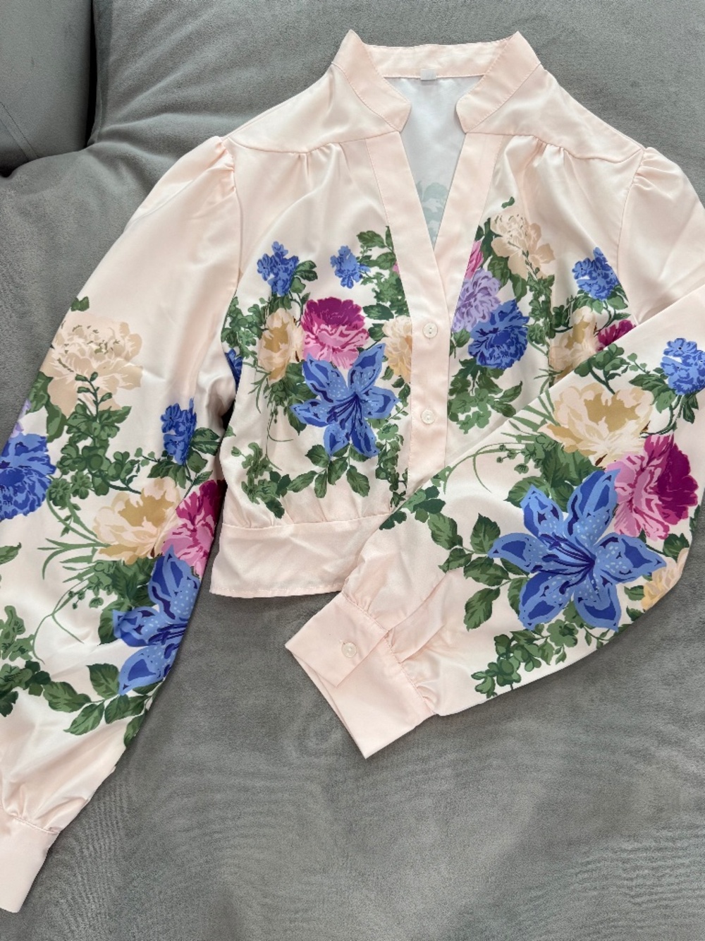 Floral Print V-Neck Long Sleeve Crop Top / Blouse